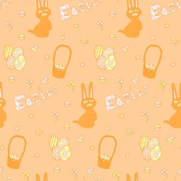 Seamless  EASTER in orange: eggs, bunny, flowers, hearts Stock Illustration