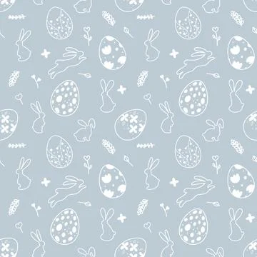 Seamless Easter pattern on blue background with white silhouette of Easter Illustrazione stock