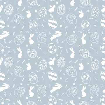 Seamless Easter pattern on blue background with white silhouette of Easter Illustrazione stock