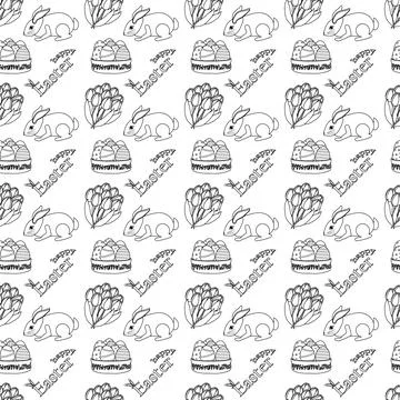 Seamless Easter Pattern with Bunnies, Tulips, and Festive Elements イラスト素材