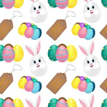 Seamless Easter Pattern with Bunny, Eggs, and Happy Easter Tags 스톡 일러스트