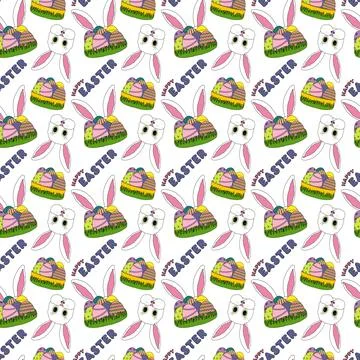 Seamless Easter Pattern with Bunny, Eggs, and Happy Easter Text Stock Illustration