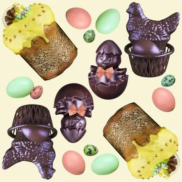 Seamless Easter pattern with cakes, chocolate chickens and painted eggs. Square Stockfoto's