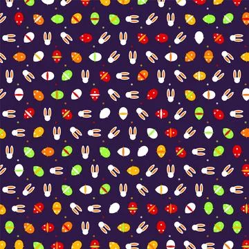 Seamless Easter pattern with colorful eggs and rabbits on dark purple backg.. Stock-Illustration
