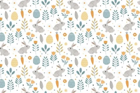 Seamless Easter Pattern with Cute Bunnies, Carrots and Easter Eggs in Scand.. Stock Illustration