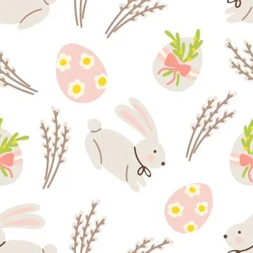 Seamless Easter pattern with cute bunny, eggs, and spring plants イラスト素材