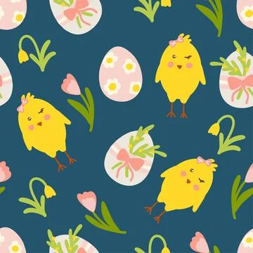 Seamless Easter pattern with cute chicks, decorated eggs, tulips, and spring Stock Illustration