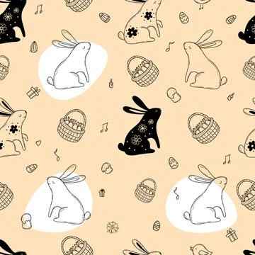 Seamless Easter pattern. Cute Easter bunnies, Easter basket, eggs and flowers, E イラスト素材