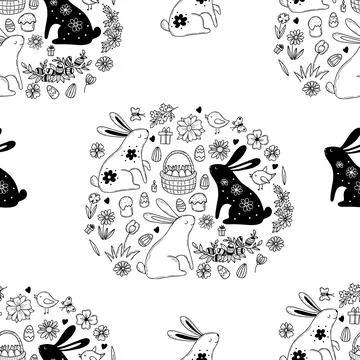 Seamless Easter pattern. Cute Easter bunnies, Easter basket with eggs and Stock Illustration