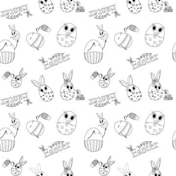 Seamless Easter Pattern with Cute Egg Characters and Bunnies Stock Illustration