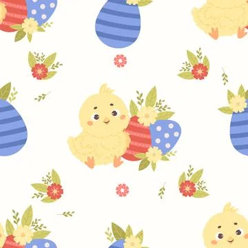 Seamless Easter pattern. Cute little chick with paschal egg and flowers on .. 스톡 일러스트