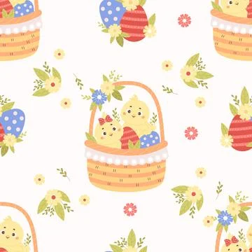 Seamless Easter pattern. Cute pair boy and girl chicks in Easter basket wit.. Stock Illustration