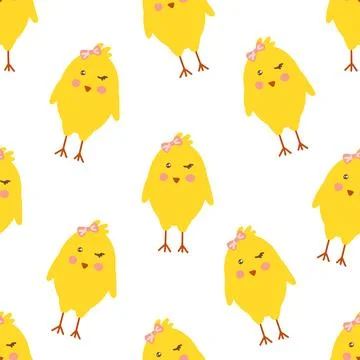 Seamless Easter pattern with cute yellow chicks and pink bows. Stock Illustration