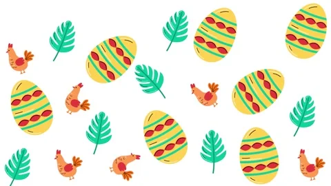 Seamless Easter pattern with decorated eggs, colorful hens, and green leaves Stock Footage 345539303