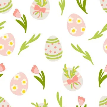 Seamless Easter pattern with decorated eggs, flowers, and greenery. Illustrazione stock