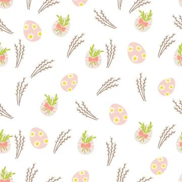 Seamless Easter pattern with decorated eggs, willow branches, and floral 스톡 일러스트