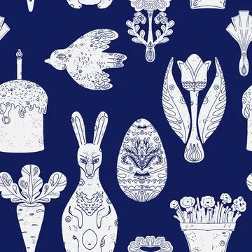 Seamless Easter pattern with decorative eggs, flowers, and festive elements.  스톡 일러스트