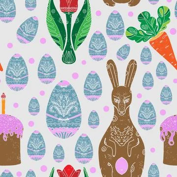 Seamless Easter pattern with decorative eggs, flowers, and festive elements.  Stockillustratie