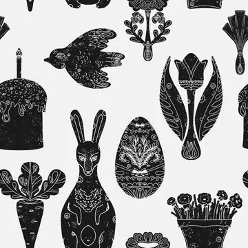 Seamless Easter pattern with decorative eggs, flowers, and festive elements.  Stockillustratie