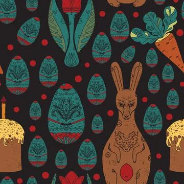 Seamless Easter pattern with decorative eggs, flowers, and festive elements.  Stock Illustration