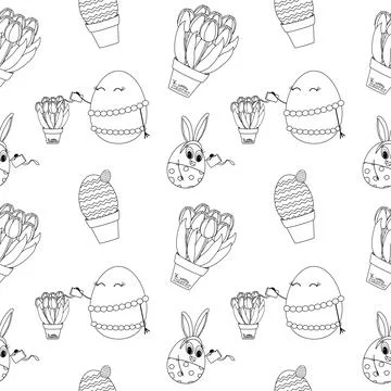 Seamless Easter Pattern with Decorative Eggs and Tulips 스톡 일러스트