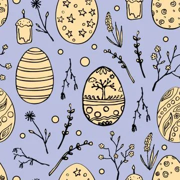 Seamless Easter pattern with doodle ornamental eggs and floral motifs. Vintag Stock Illustration