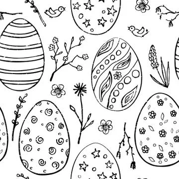 Seamless Easter pattern with doodle ornamental eggs and floral motifs. Vintag Stock Illustration