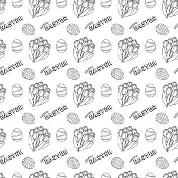 Seamless Easter Pattern with Eggs and Tulips in Black and White イラスト素材