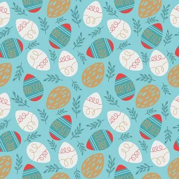 Seamless Easter pattern featuring Easter eggs and branches on a blue backgr.. Stock Illustration