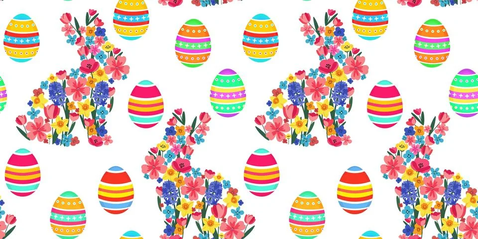 Seamless easter pattern floral bunnies and colorful eggs. spring holiday de.. Stock Illustration