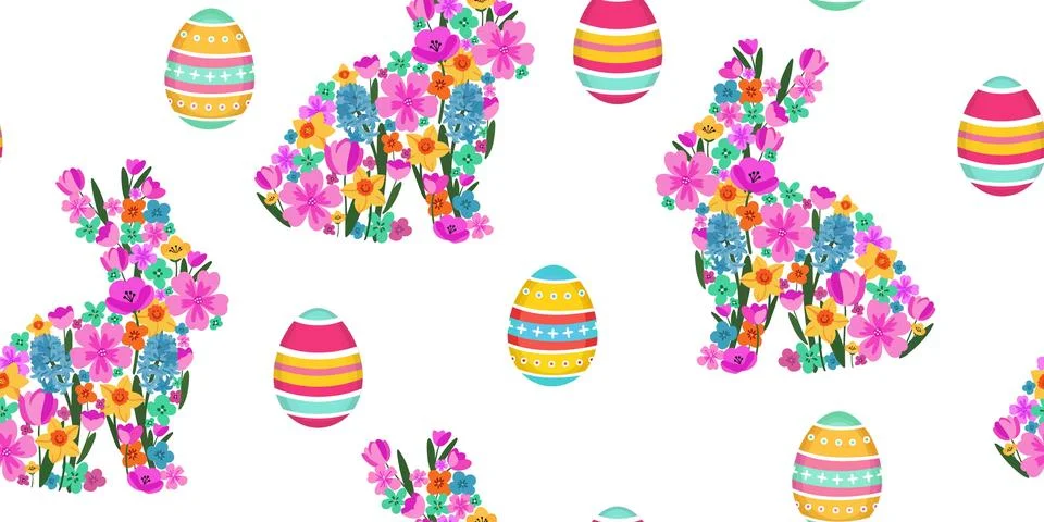 Seamless easter pattern floral bunny silhouettes with colorful eggs. chaoti.. Illustrazione stock