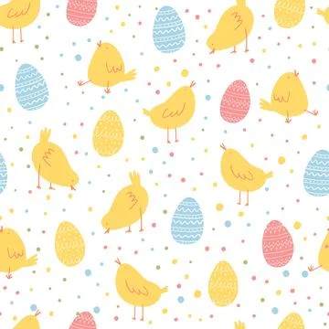 Seamless Easter pattern with hand drawn cute chickens and colorful eggs on white イラスト素材