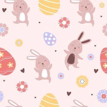 Seamless Easter pattern. Happy Cute Easter bunnies on a light background with Stockillustratie