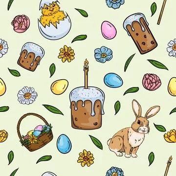 Seamless Easter pattern, a hare, chicken, willow Illustrazione stock
