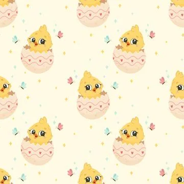 Seamless Easter Pattern with Hatching Chicks and Butterflies. Cute Digital .. Stock Illustration
