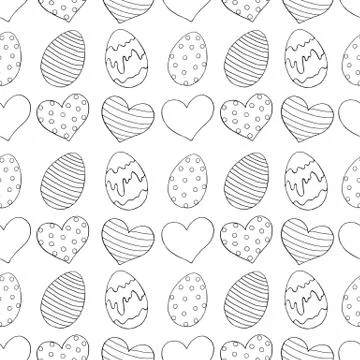 Seamless easter pattern with ornamental eggs and hearts. Hand drawn holiday b イラスト素材