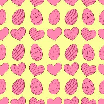 Seamless easter pattern with ornamental eggs and hearts. Hand drawn holiday b Stock Illustration
