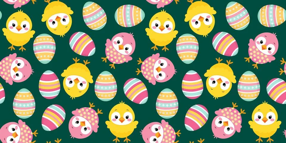 Seamless Easter pattern with pink and yellow chickens and bright Easter egg.. Illustrazione stock