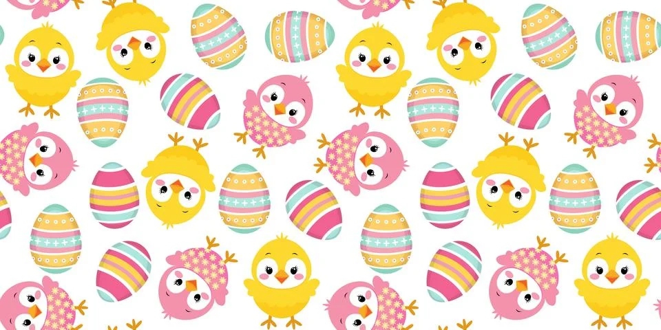 Seamless Easter pattern with pink and yellow chickens and bright Easter egg.. Stock Illustration