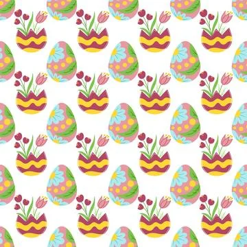 Seamless Easter pattern with pink eggs and flowers. Vector illustration perfe 스톡 일러스트
