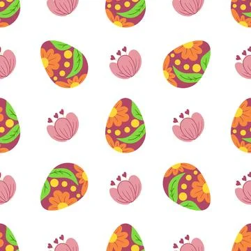Seamless Easter pattern with red decorated eggs and flowers. Vector illustrat 스톡 일러스트