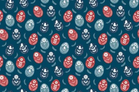 Seamless Easter pattern with Scandinavian folk art eggs birds and flowers. .. Stockillustratie