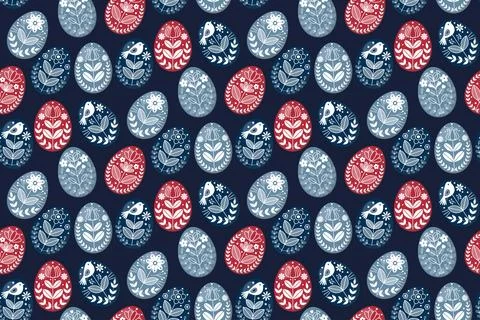 Seamless Easter pattern with Scandinavian folk art eggs and floral ornament.. Stock Illustration