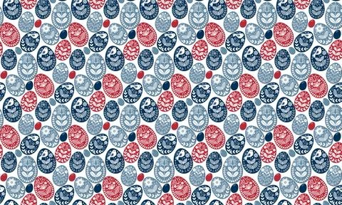 Seamless Easter pattern with Scandinavian folk art eggs and floral ornament.. Stock Illustration