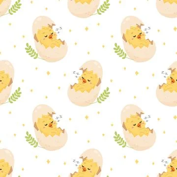 Seamless Easter Pattern with Sleeping Chicks in Eggs. Pastel Spring Backgro.. イラスト素材