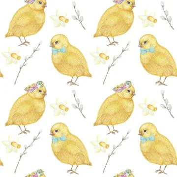 Seamless Easter pattern Watercolor hand drawn of yellow chiken, Spring flowers Stock Illustration