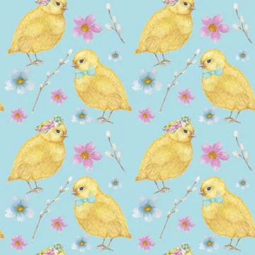 Seamless Easter pattern Watercolor hand drawn of yellow chiken, Spring flowers Stock Illustration