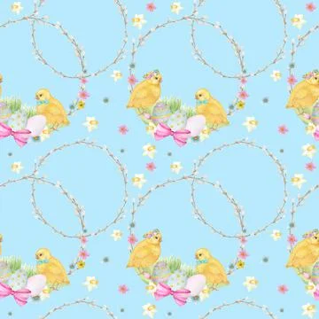Seamless Easter pattern Watercolor hand drawn of yellow chiken, Spring flowers Stock Illustration