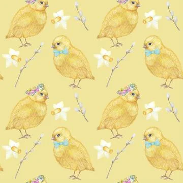 Seamless Easter pattern Watercolor hand drawn of yellow chiken, Spring flowers Stock Illustration