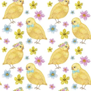 Seamless Easter pattern Watercolor hand drawn of yellow chiken, Spring flowers Illustrazione stock